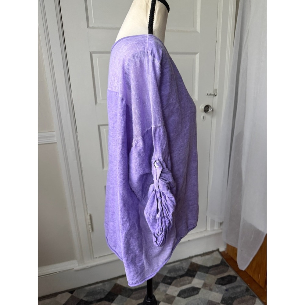 Kaktus Linen Top Purple Relaxed Fit Boho Artsy Lagenlook Roll Tab Sleeves Lg - Picture 7 of 15